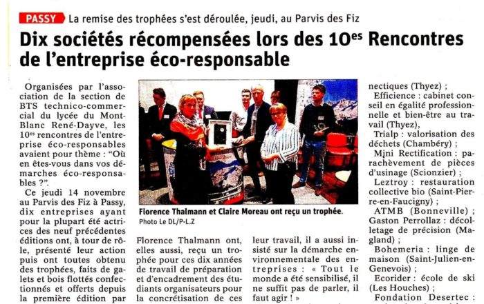 Article Dauphiné Libéré Trophées éco-responsable valorisation des déchets Chambéry